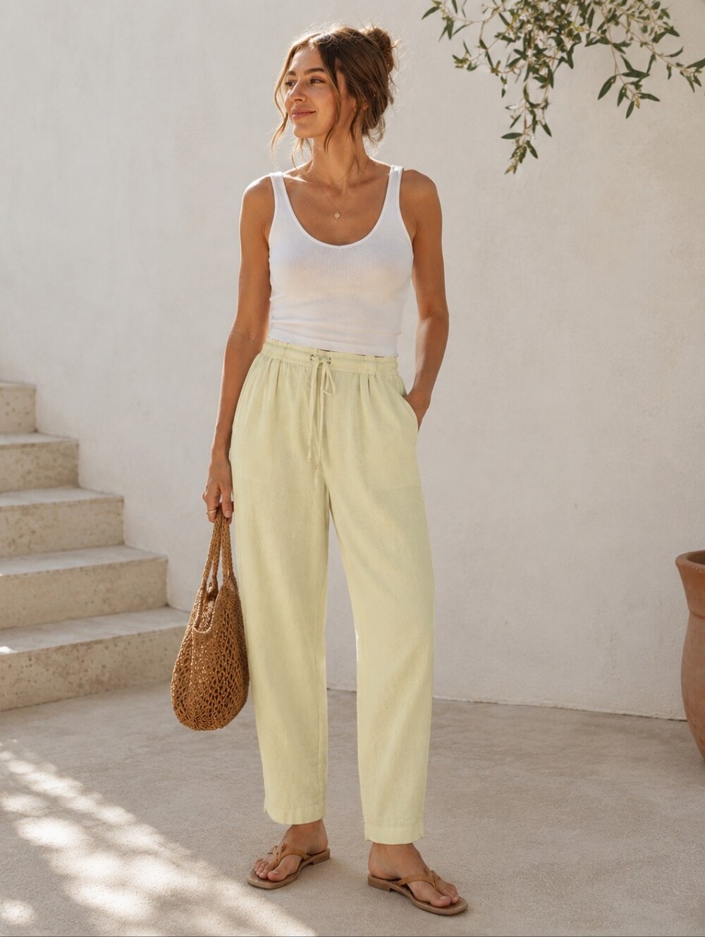 J. Jill 100% Linen Pull On Summer Pants Pastel Lime Relaxed Beach Resort L